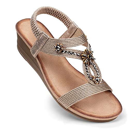 SHIBEVER Womens Wedge Sandals Flower Low Heel Dressy Sandals Elastic Ankle Strap Rhinestone Sandals Summer Comfortable Shoes Champagne Size 8